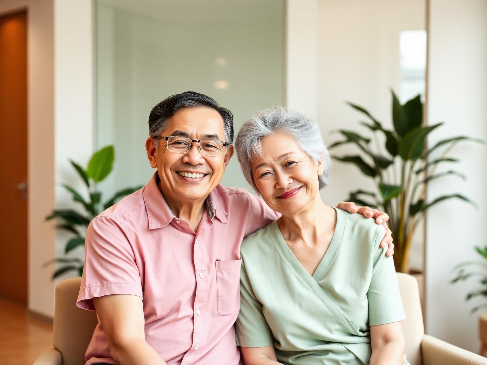 Older Singaporean couple smiling in a bright clinic waiting area